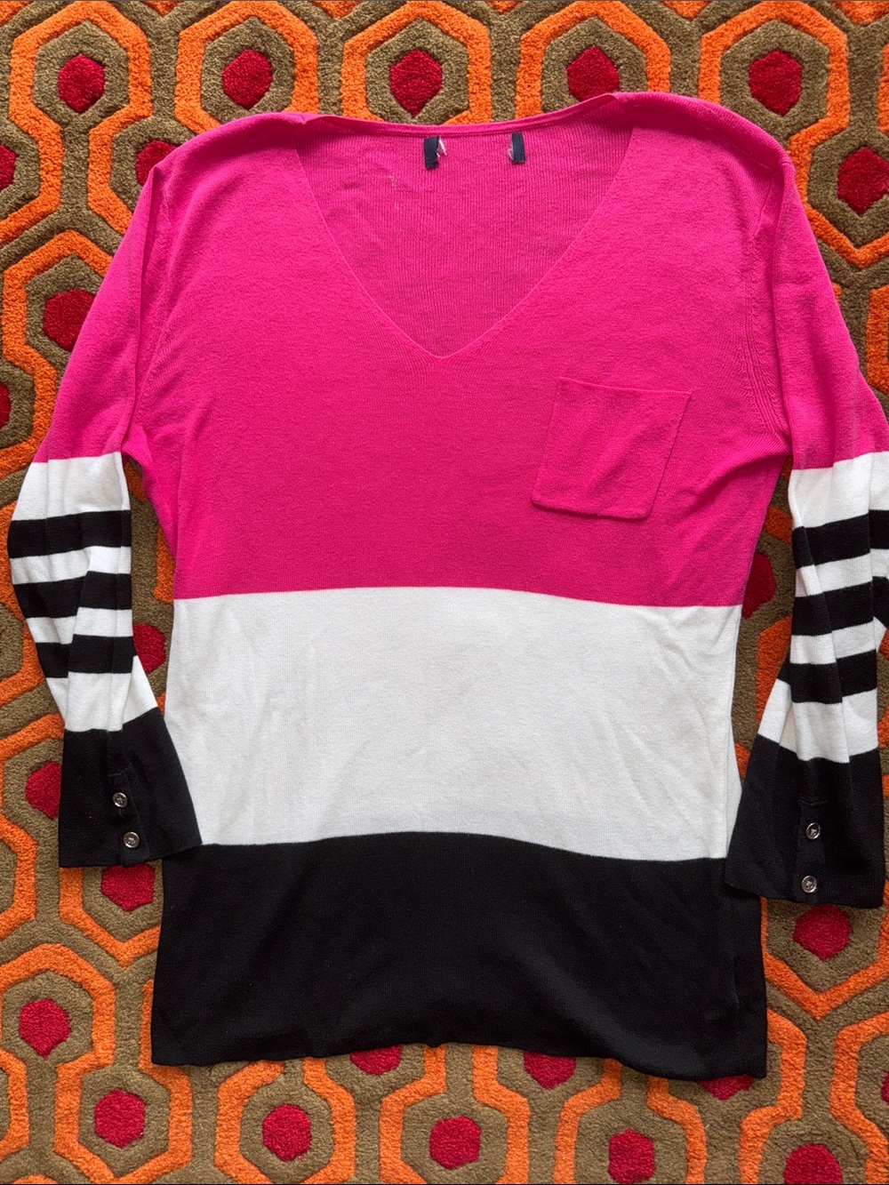 MAKE OFFER! Hot Pink, White & Black Colorblock V-Neck Sweater Med.
